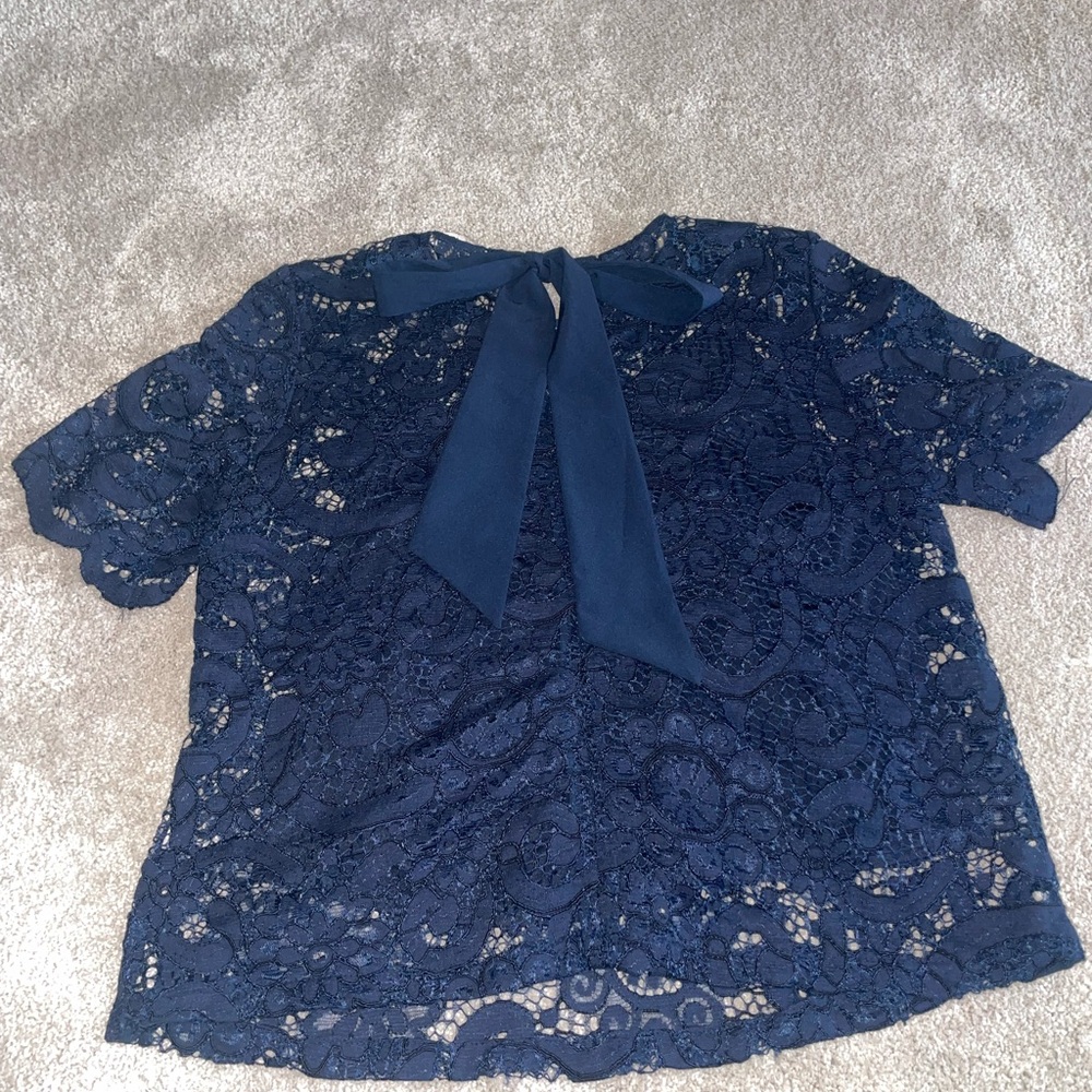 Nanette Lepore Navy Lace Tie-Neck Short Sleeve Blouse with camisole.